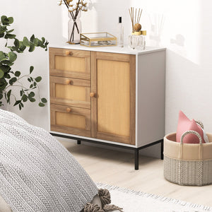Rattan Sideboard Buffet Cabinet with 1 Door and 3 Drawers-White view 3
