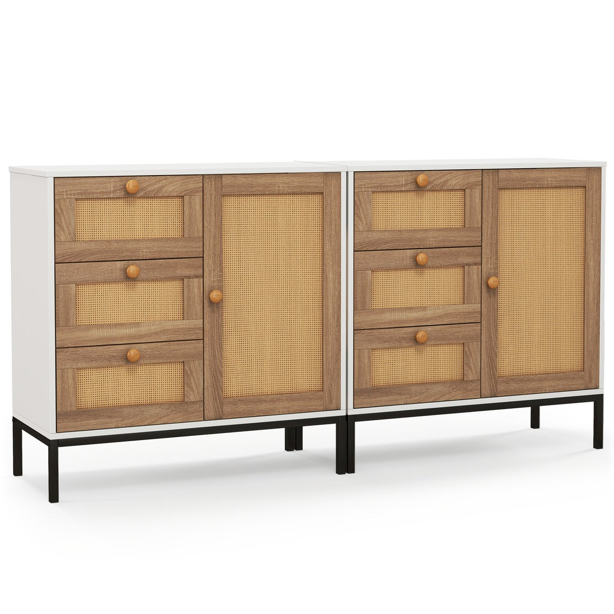 Rattan Sideboard Buffet Cabinet with 1 Door and 3 Drawers-White view 4