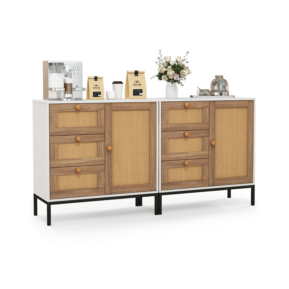Rattan Sideboard Buffet Cabinet with 1 Door and 3 Drawers-White view 6