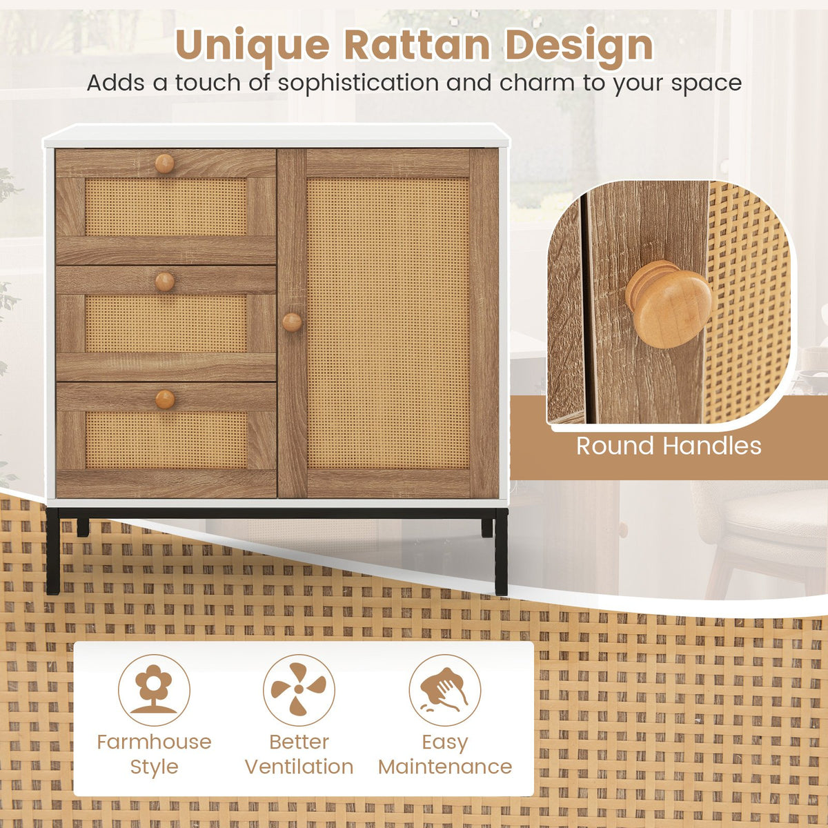 Rattan Sideboard Buffet Cabinet with 1 Door and 3 Drawers-White view 8