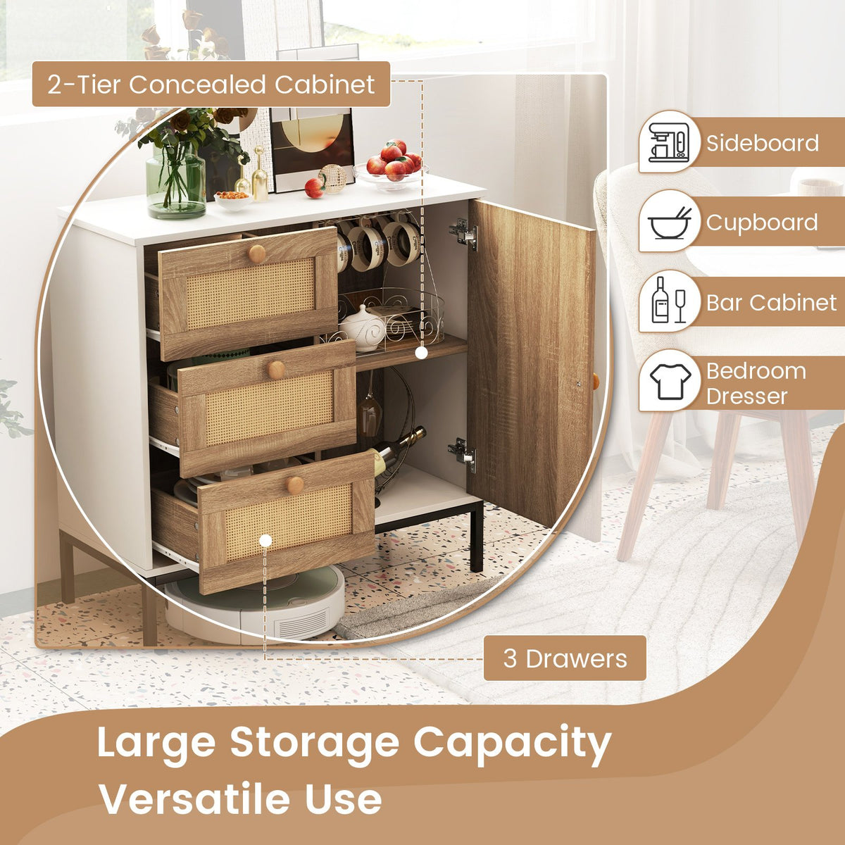 Rattan Sideboard Buffet Cabinet with 1 Door and 3 Drawers-White view 9