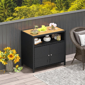 Rattan Storage Cabinet with Acacia Wood Countertop for Poolside Deck and Patio-Black view 2