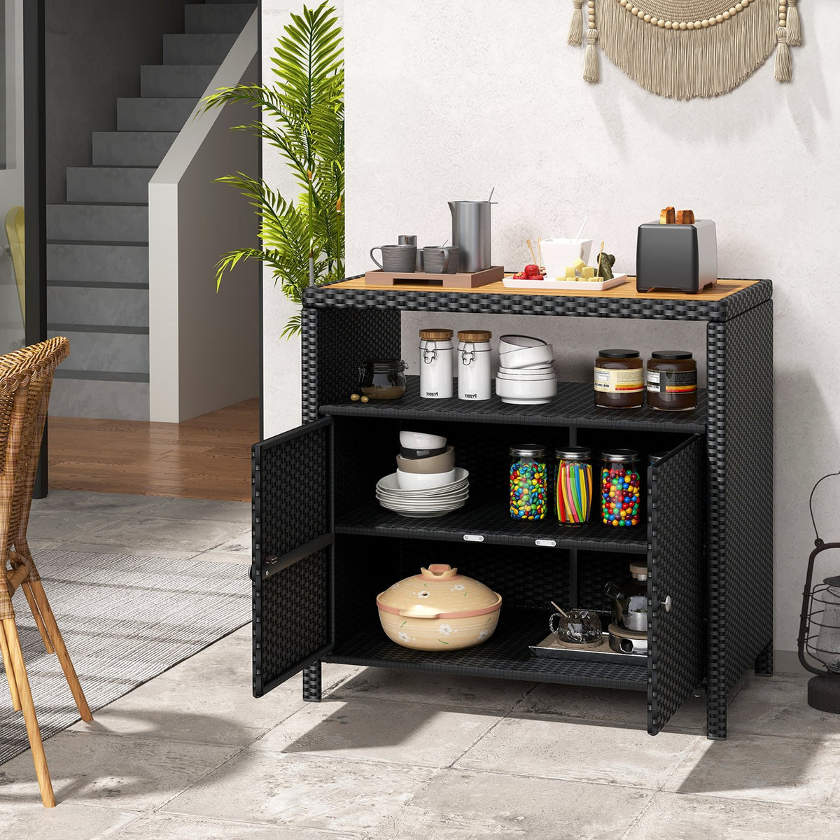 Rattan Storage Cabinet with Acacia Wood Countertop for Poolside Deck and Patio-Black view 3