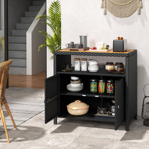 Rattan Storage Cabinet with Acacia Wood Countertop for Poolside Deck and Patio-Black view 3