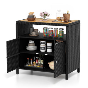 Rattan Storage Cabinet with Acacia Wood Countertop for Poolside Deck and Patio-Black view 4