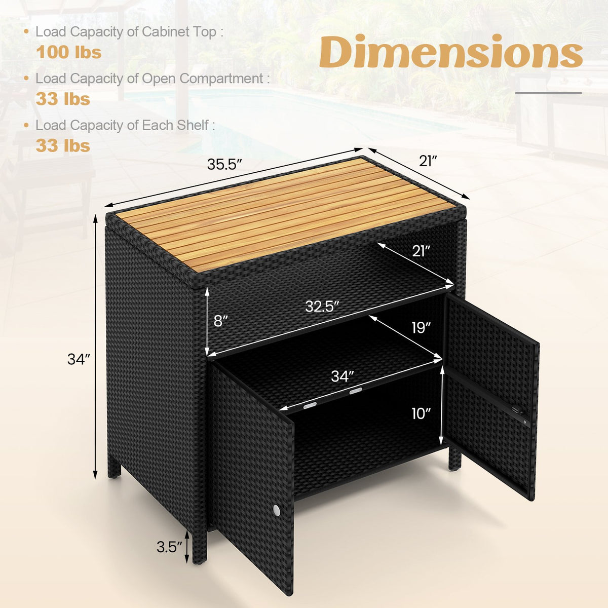 Rattan Storage Cabinet with Acacia Wood Countertop for Poolside Deck and Patio-Black view 5