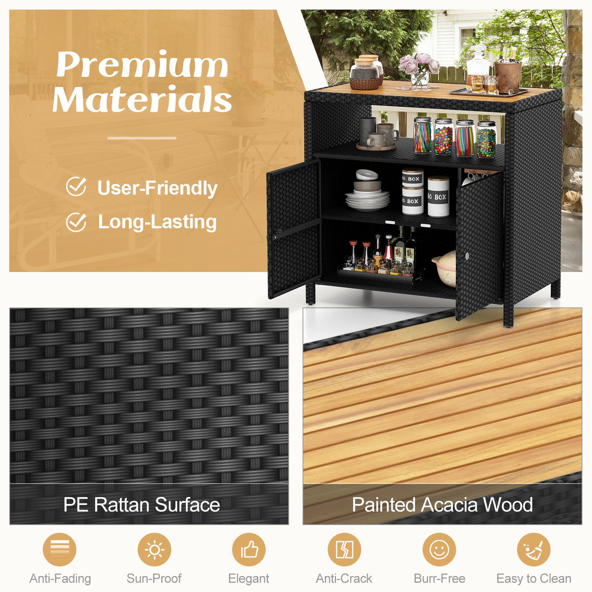 Rattan Storage Cabinet with Acacia Wood Countertop for Poolside Deck and Patio-Black view 6