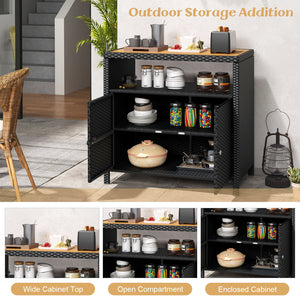 Rattan Storage Cabinet with Acacia Wood Countertop for Poolside Deck and Patio-Black view 7