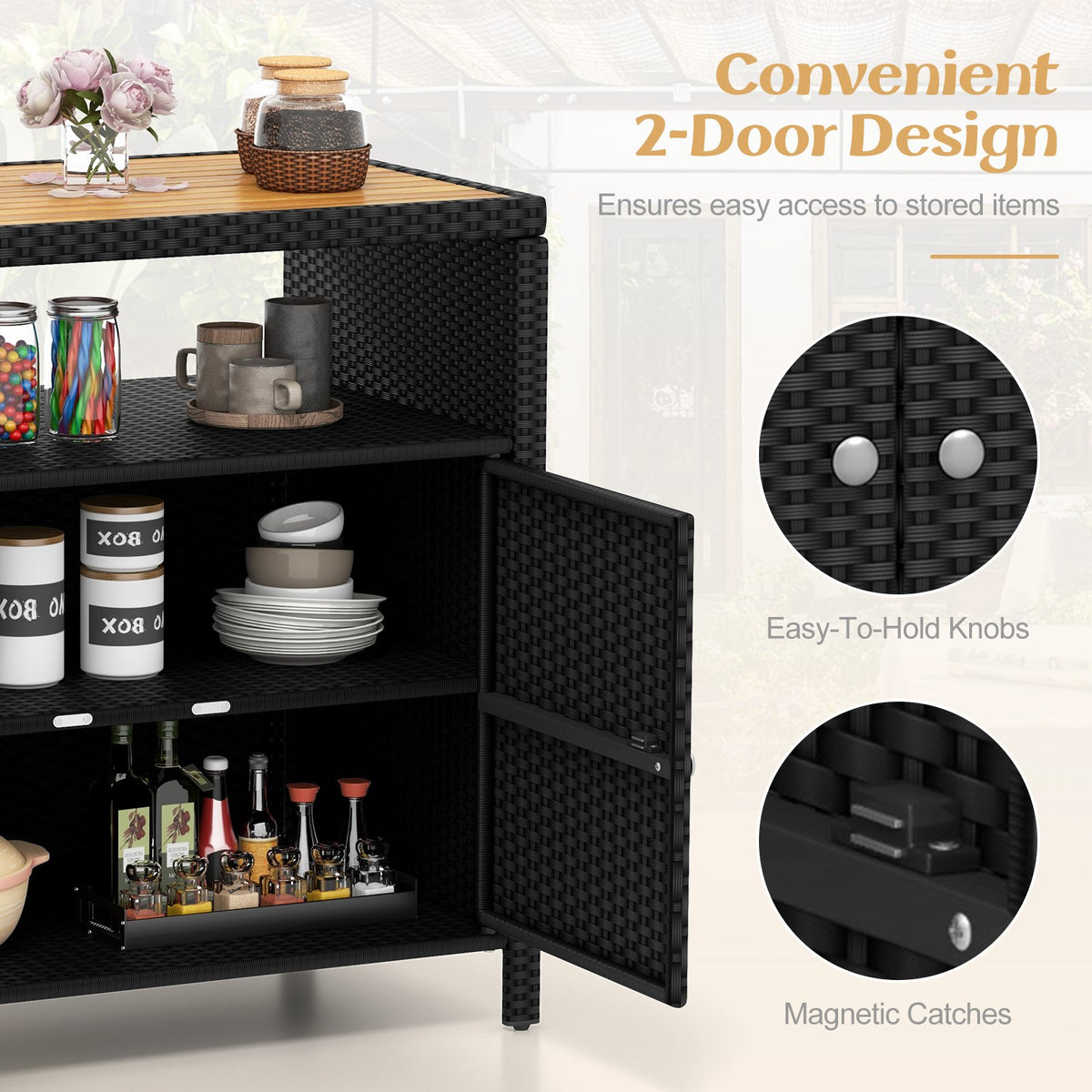 Rattan Storage Cabinet with Acacia Wood Countertop for Poolside Deck and Patio-Black view 9