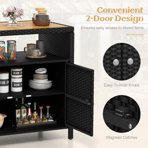 Rattan Storage Cabinet with Acacia Wood Countertop for Poolside Deck and Patio-Black view 9