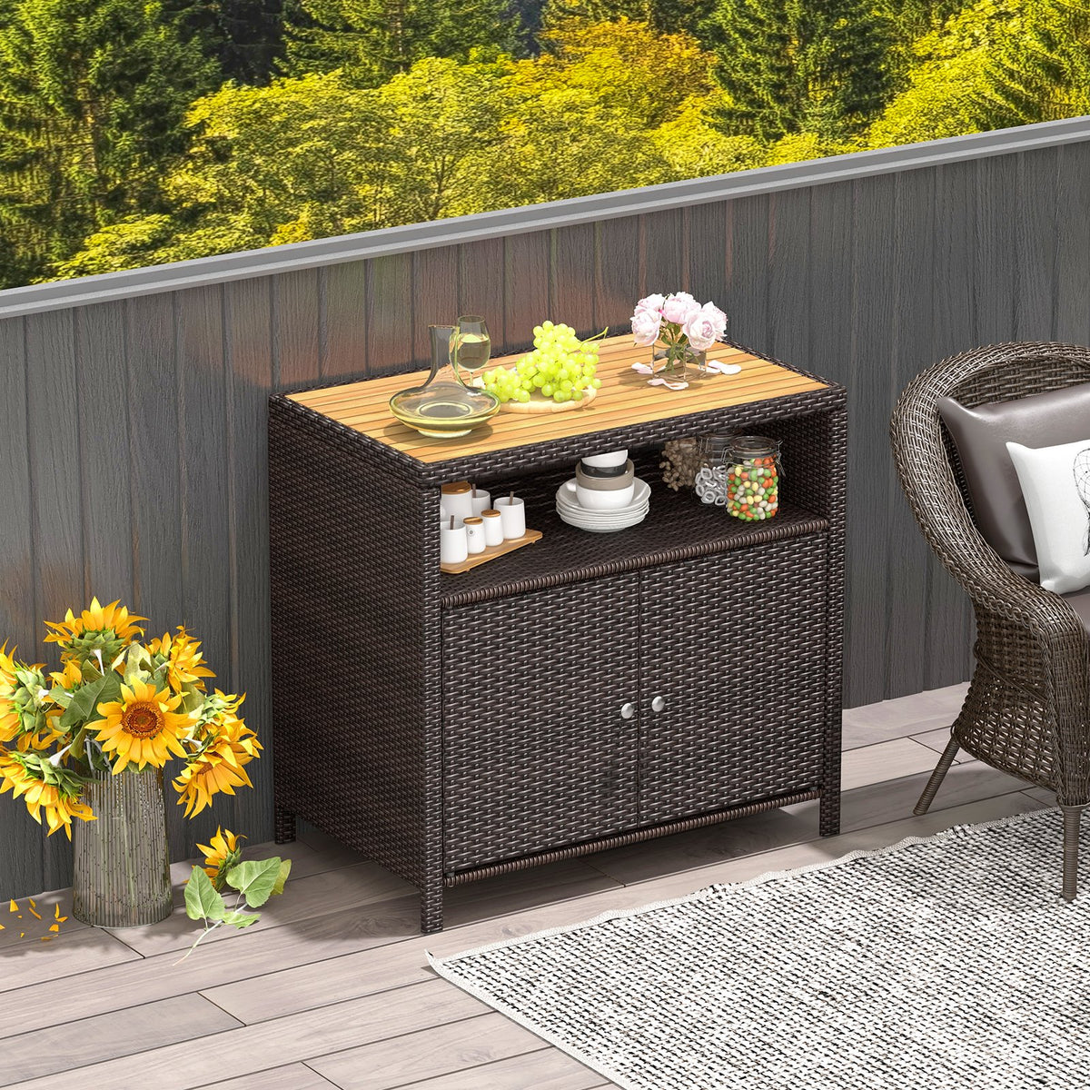 Rattan Storage Cabinet with Acacia Wood Countertop for Poolside Deck and Patio-Brown view 2