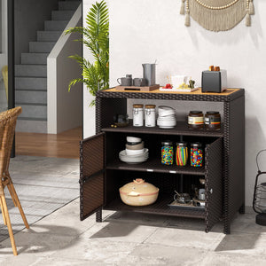 Rattan Storage Cabinet with Acacia Wood Countertop for Poolside Deck and Patio-Brown view 3