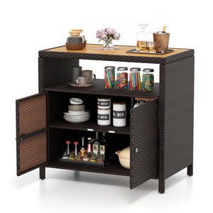 Rattan Storage Cabinet with Acacia Wood Countertop for Poolside Deck and Patio-Brown view 4