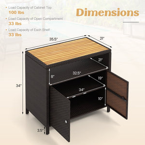 Rattan Storage Cabinet with Acacia Wood Countertop for Poolside Deck and Patio-Brown view 5