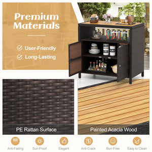 Rattan Storage Cabinet with Acacia Wood Countertop for Poolside Deck and Patio-Brown view 6