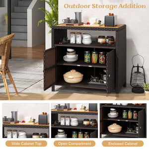 Rattan Storage Cabinet with Acacia Wood Countertop for Poolside Deck and Patio-Brown view 7