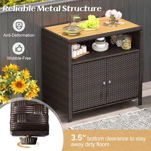 Rattan Storage Cabinet with Acacia Wood Countertop for Poolside Deck and Patio-Brown view 8