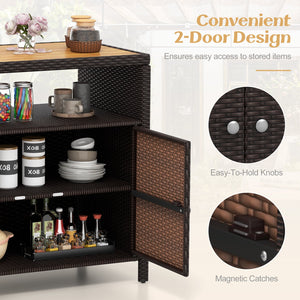 Rattan Storage Cabinet with Acacia Wood Countertop for Poolside Deck and Patio-Brown view 9