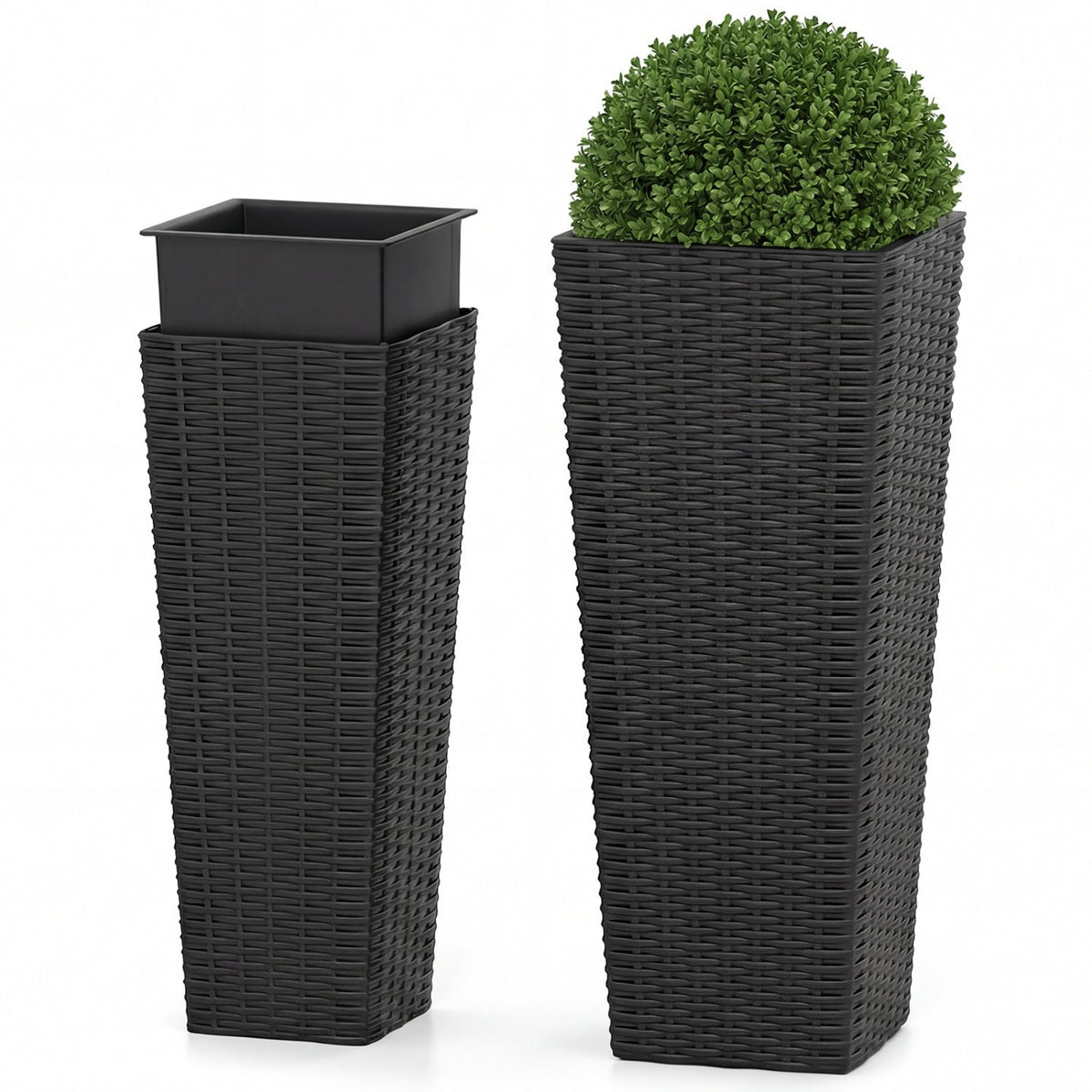 Rattan Tall Planter Set of 2 Outdoor Large Tapered Planters with Removable Inner Trays-Black
