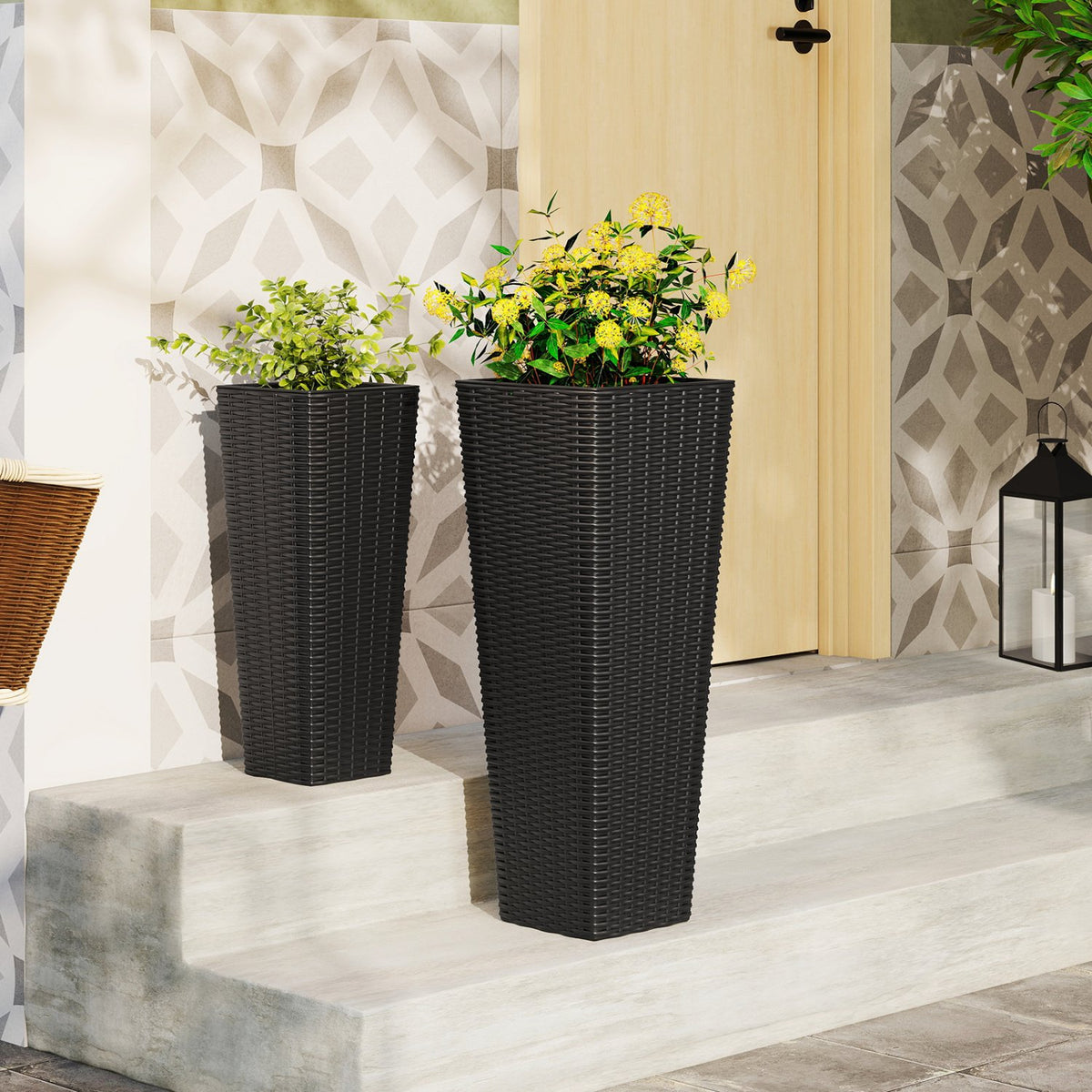 Rattan Tall Planter Set of 2 Outdoor Large Tapered Planters with Removable Inner Trays-Black view 2