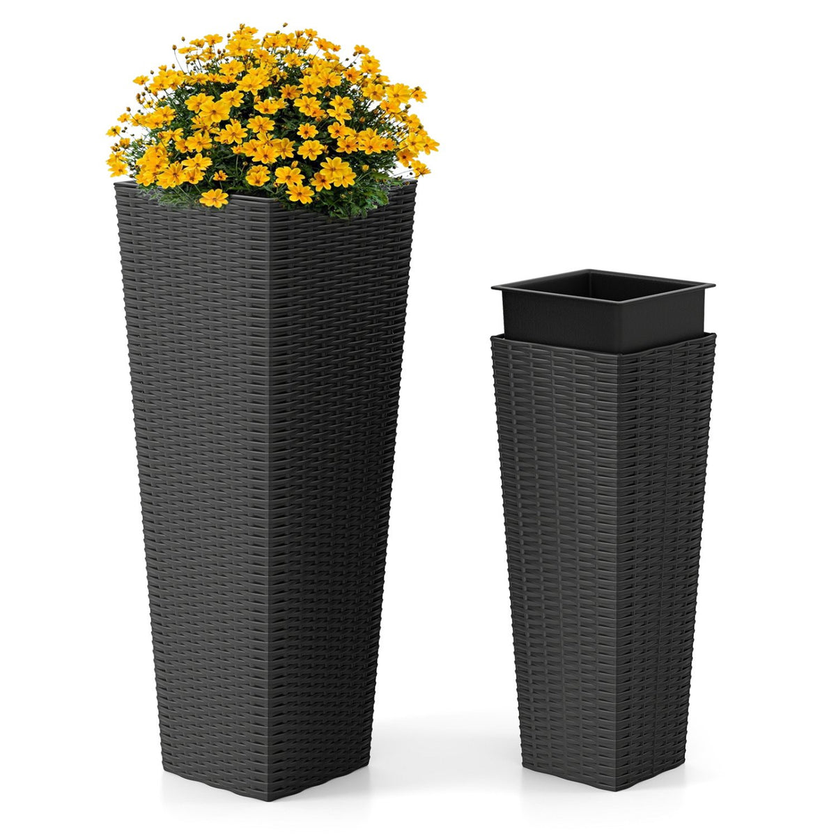 Rattan Tall Planter Set of 2 Outdoor Large Tapered Planters with Removable Inner Trays-Black view 4