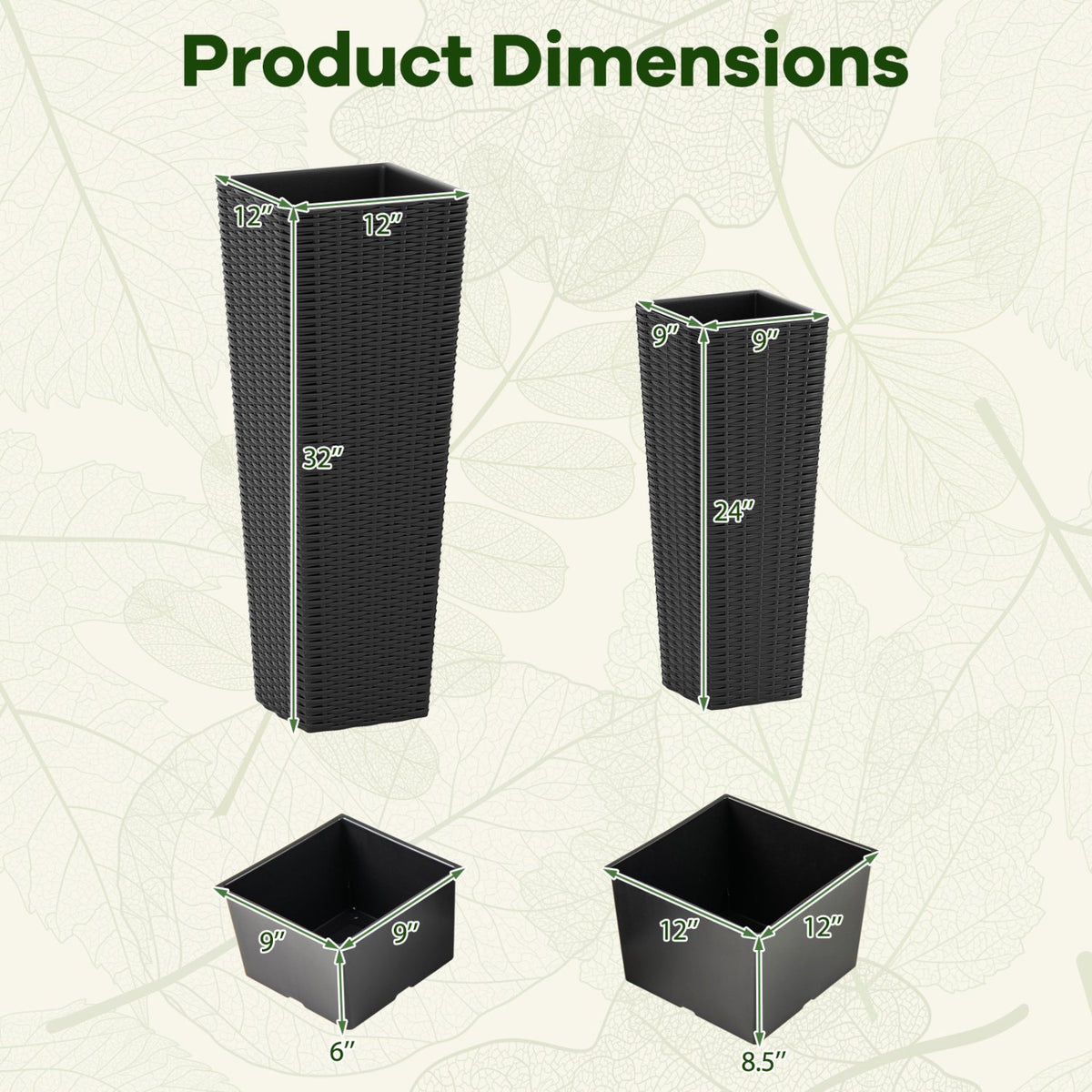 Rattan Tall Planter Set of 2 Outdoor Large Tapered Planters with Removable Inner Trays-Black view 5