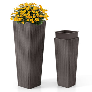 Rattan Tall Planter Set of 2 Outdoor Large Tapered Planters with Removable Inner Trays-Brown