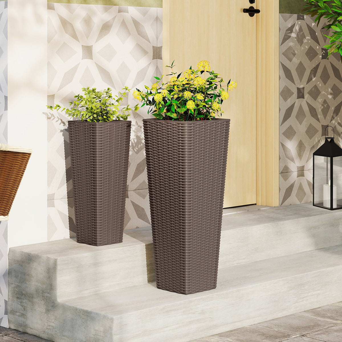 Rattan Tall Planter Set of 2 Outdoor Large Tapered Planters with Removable Inner Trays-Brown view 2