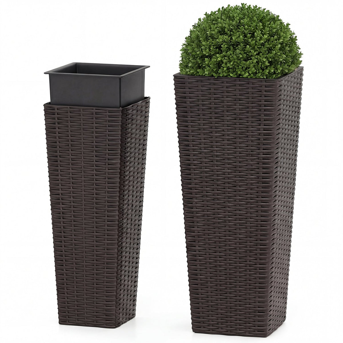 Rattan Tall Planter Set of 2 Outdoor Large Tapered Planters with Removable Inner Trays-Brown view 4