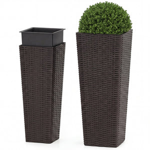Rattan Tall Planter Set of 2 Outdoor Large Tapered Planters with Removable Inner Trays-Brown view 4