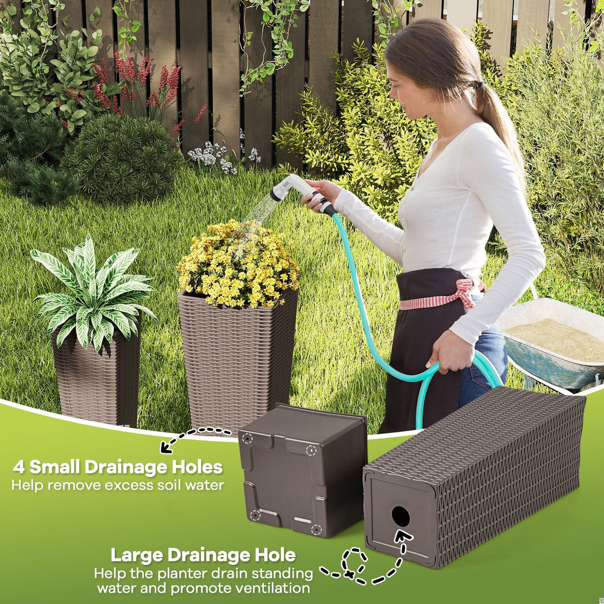 Rattan Tall Planter Set of 2 Outdoor Large Tapered Planters with Removable Inner Trays-Brown view 9