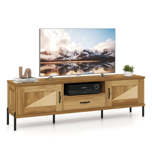 Rattan TV Stand for TVs up to 80 inches Mid Century Modern Media Console Table with 2 Storage Cabinets-Natural