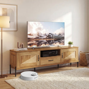 Rattan TV Stand for TVs up to 80 inches Mid Century Modern Media Console Table with 2 Storage Cabinets-Natural view 2