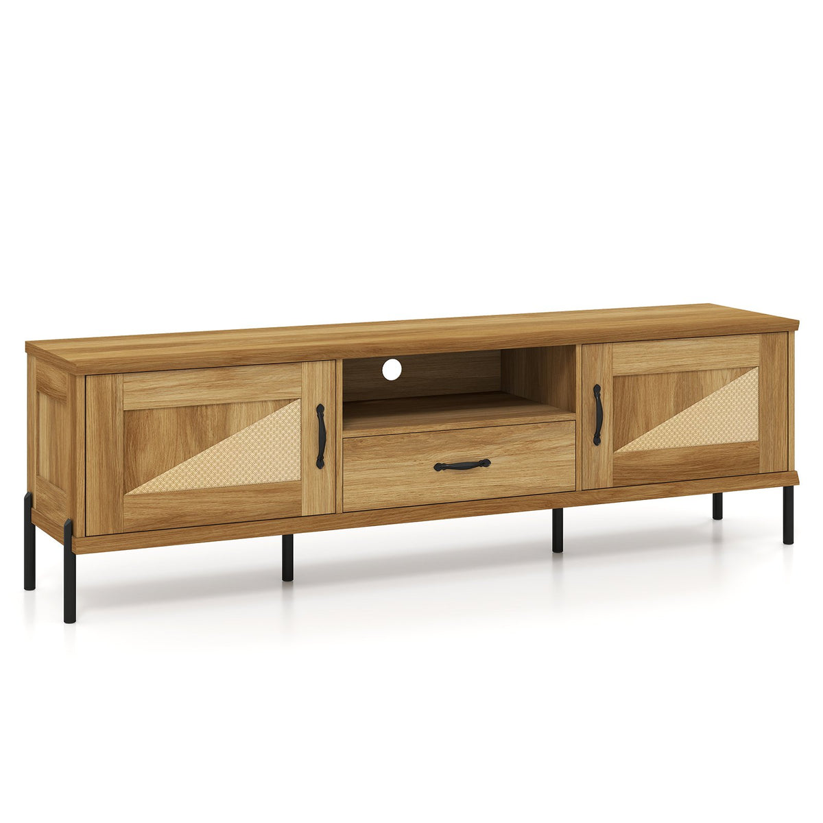 Rattan TV Stand for TVs up to 80 inches Mid Century Modern Media Console Table with 2 Storage Cabinets-Natural view 4