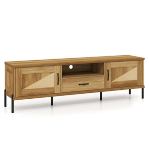 Rattan TV Stand for TVs up to 80 inches Mid Century Modern Media Console Table with 2 Storage Cabinets-Natural view 4