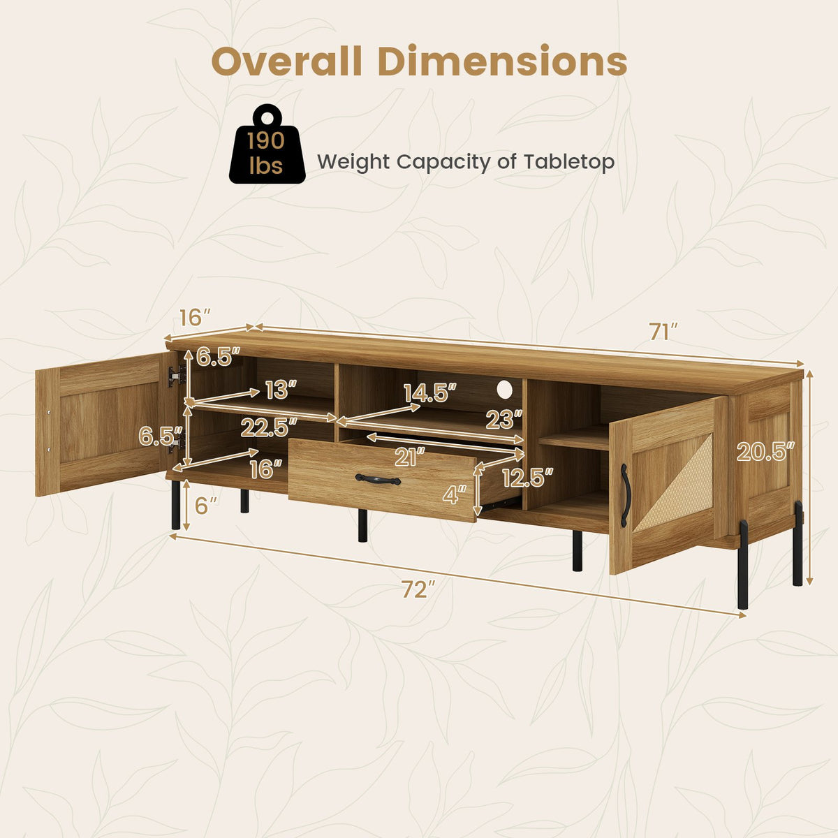 Rattan TV Stand for TVs up to 80 inches Mid Century Modern Media Console Table with 2 Storage Cabinets-Natural view 5