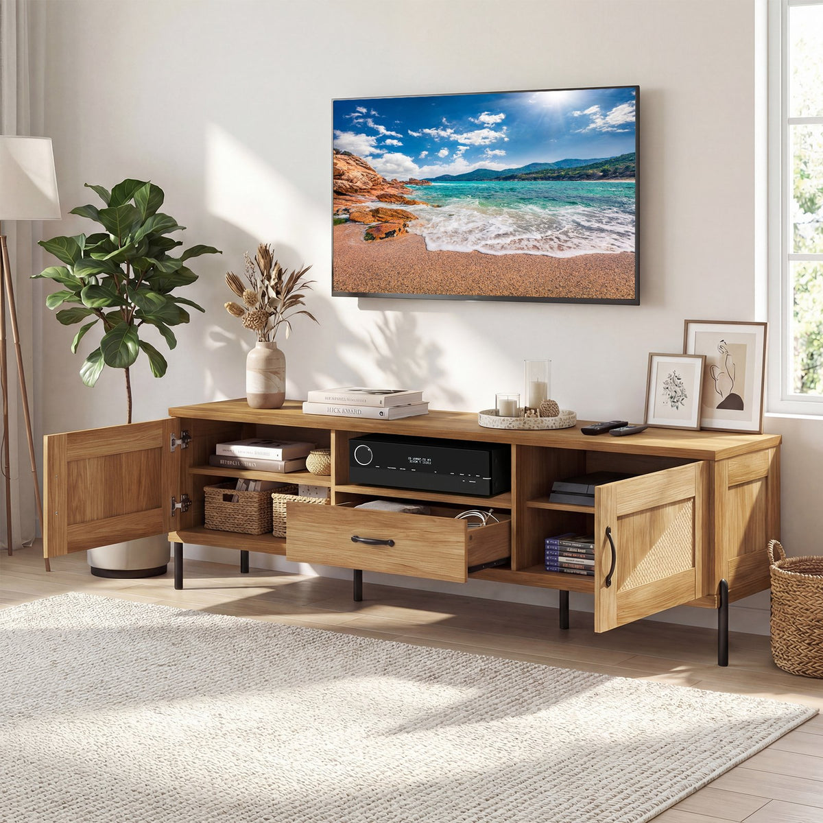 Rattan TV Stand for TVs up to 80 inches Mid Century Modern Media Console Table with 2 Storage Cabinets-Natural view 6
