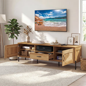 Rattan TV Stand for TVs up to 80 inches Mid Century Modern Media Console Table with 2 Storage Cabinets-Natural view 6