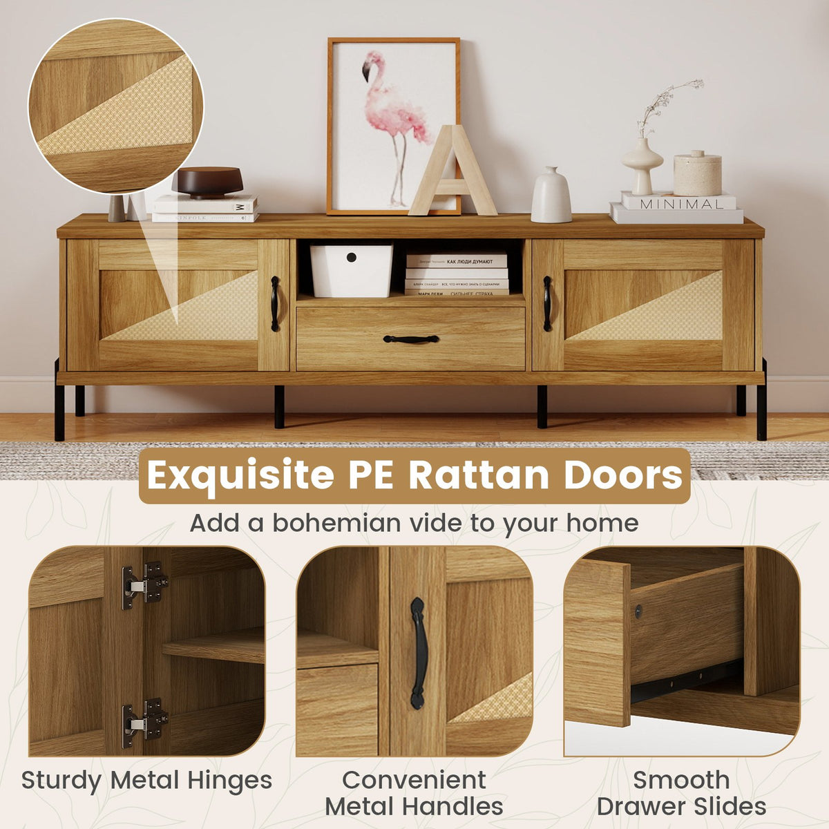 Rattan TV Stand for TVs up to 80 inches Mid Century Modern Media Console Table with 2 Storage Cabinets-Natural view 7