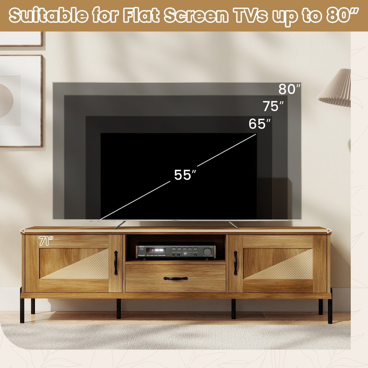 Rattan TV Stand for TVs up to 80 inches Mid Century Modern Media Console Table with 2 Storage Cabinets-Natural view 9