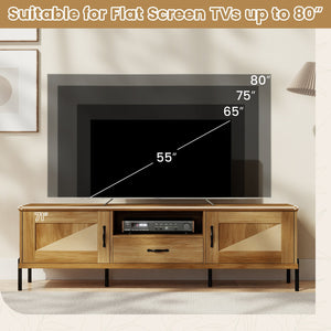 Rattan TV Stand for TVs up to 80 inches Mid Century Modern Media Console Table with 2 Storage Cabinets-Natural view 9
