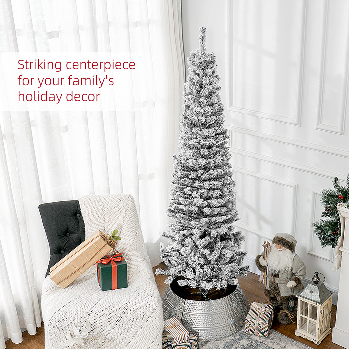 6ft Flocked Christmas Tree, Pencil Christmas Tree with Realistic Branch Tips, Folding Metal Stand, Green – view 10