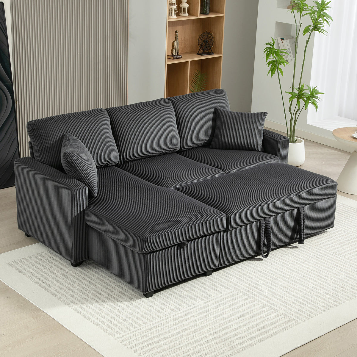 81" Sofa Bed, 2 In 1 Pull Out Sleeper Sofa Bed with Storage, Corduroy Convertible Couch for Living Room, Dark Grey