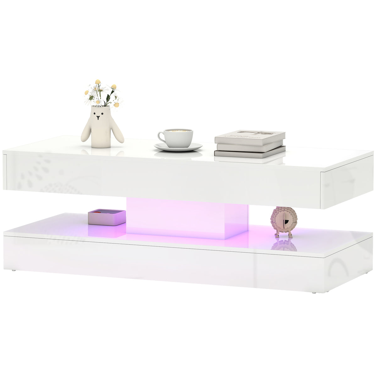 Coffee Table with Adjustable LED Lights, Modern Living Room Table with 2 Drawers, Open Shelf, Remote