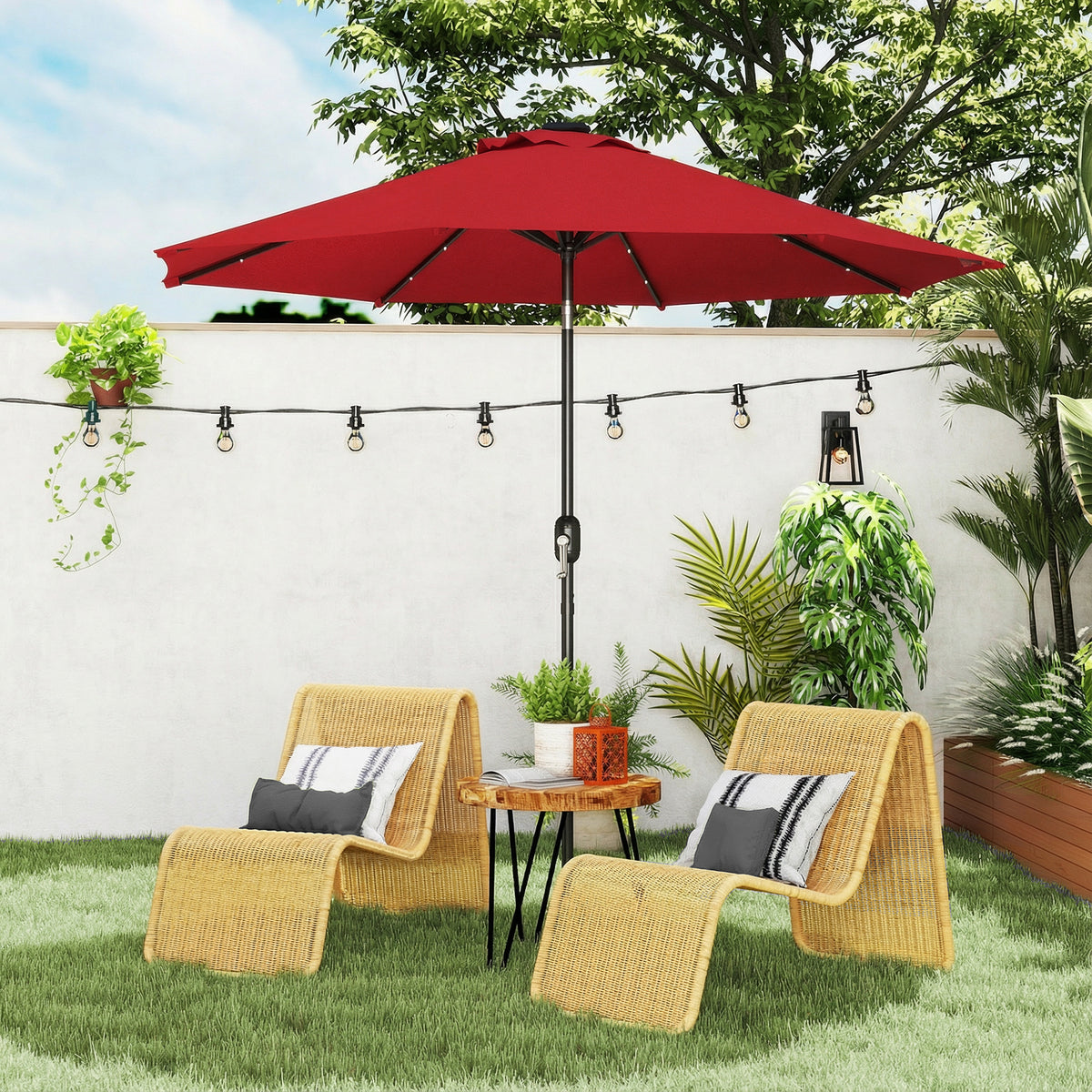 9ft Solar Patio Umbrella Outdoor Sunshade 24 LED Lights Tilt Canopy Wine Red – view 7