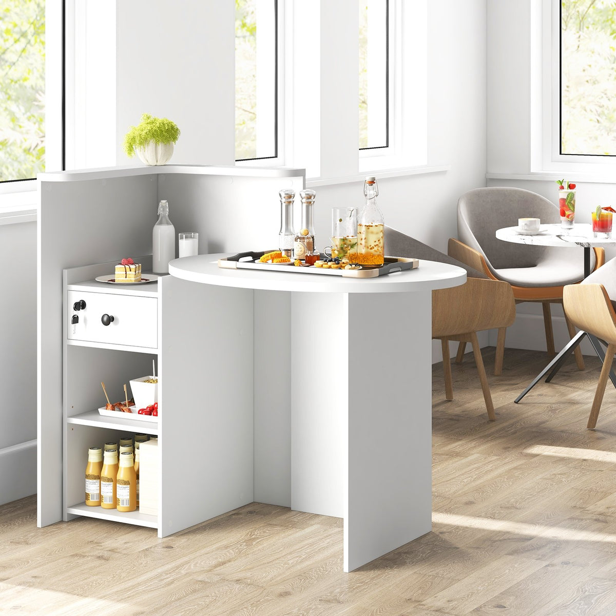 Reception Office Desk with Open Shelf and Lockable Drawer-White view 2