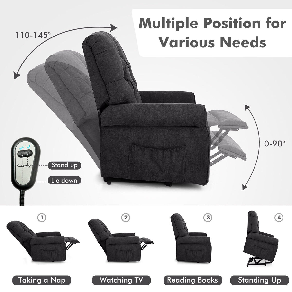 Recliner Chair Sofa for Elderly with Side Pocket and Remote Control-Black view 8