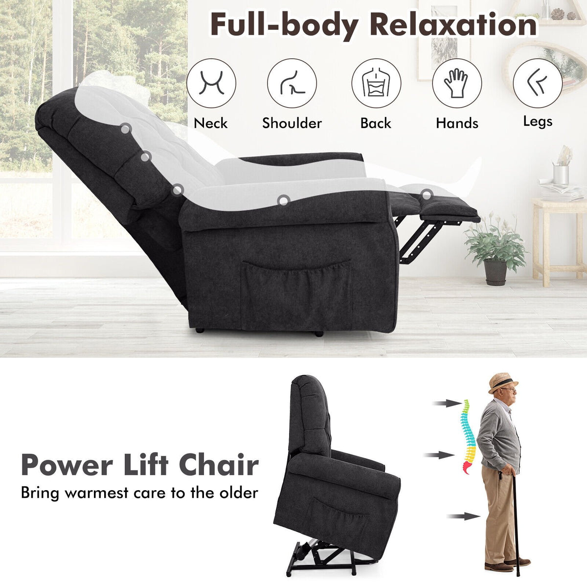 Recliner Chair Sofa for Elderly with Side Pocket and Remote Control-Black view 9