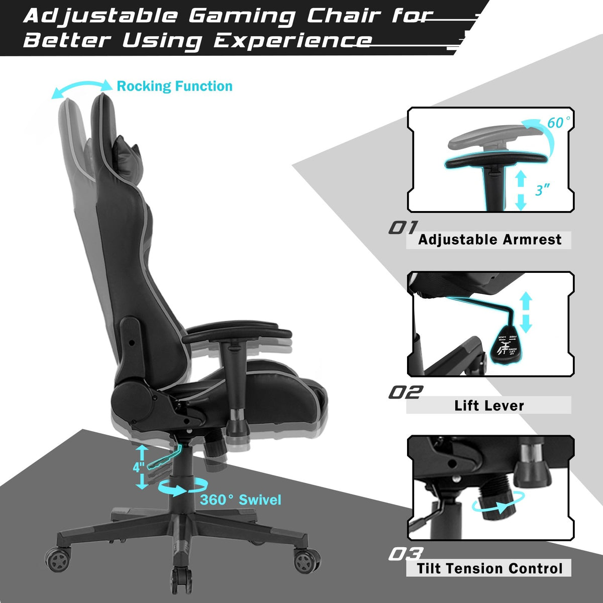 Reclining Swivel Massage Gaming Chair with Lumbar Support-Gray view 5