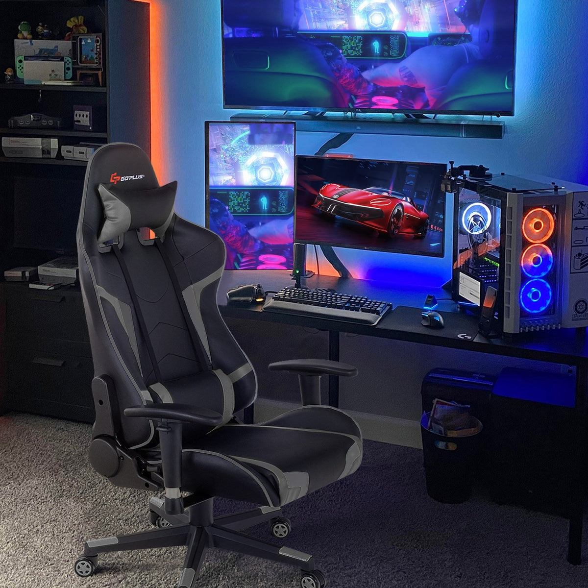 Reclining Swivel Massage Gaming Chair with Lumbar Support-Gray view 6